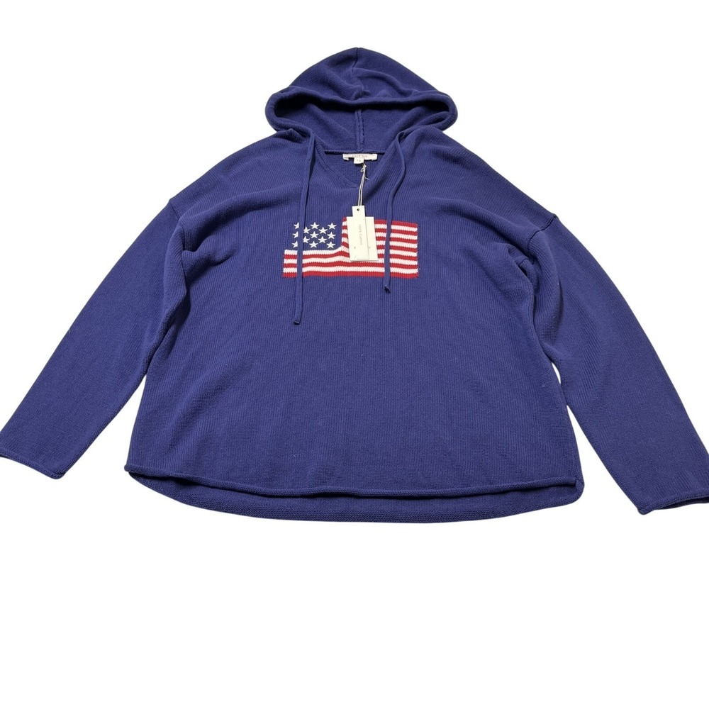 Brit NY Sweater Blue American Flag Print Hooded Size 1X American USA Patriotic